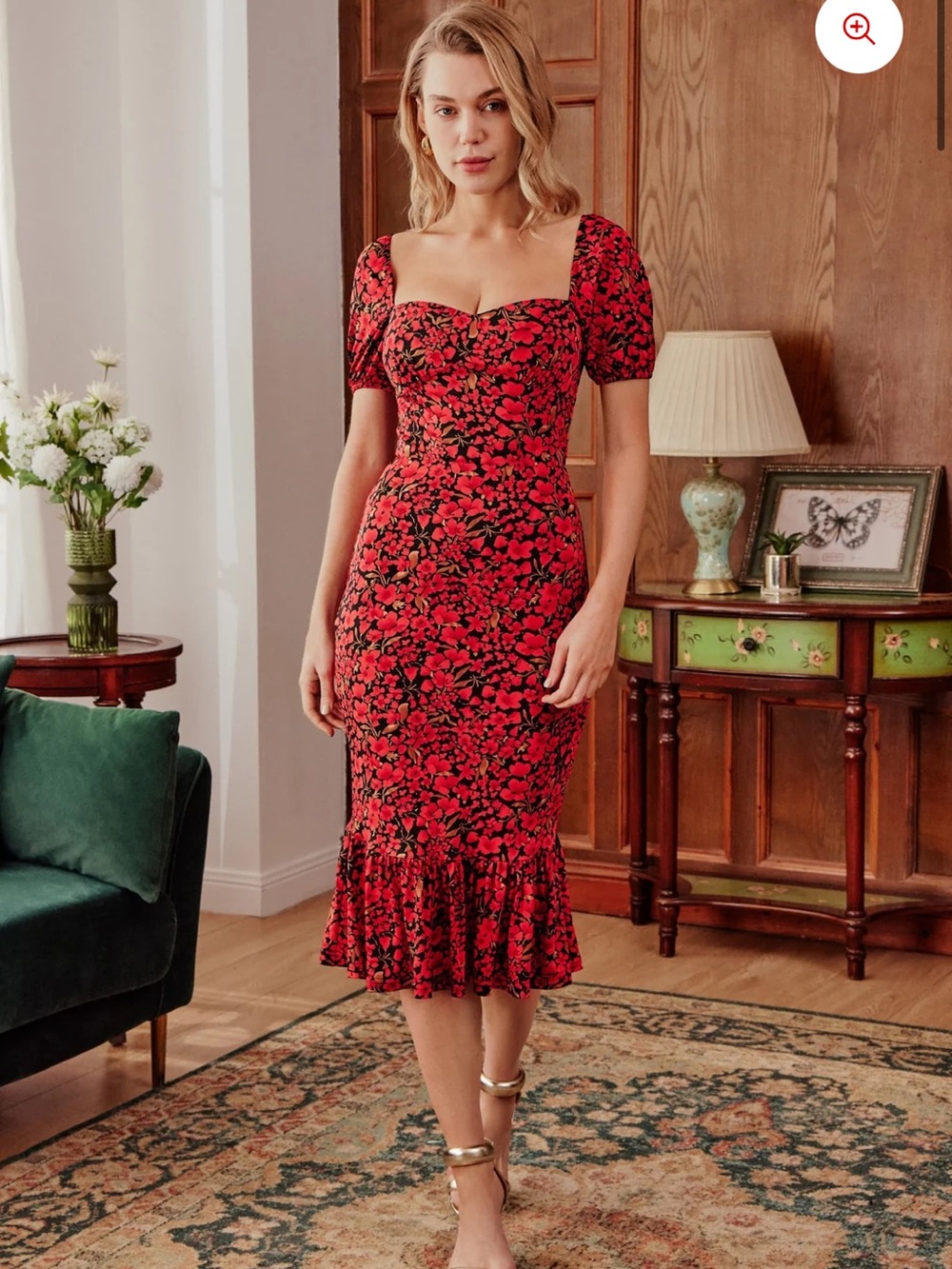 Carmen Puff Sleeve Floral Midi Dress with Ruffle Hem